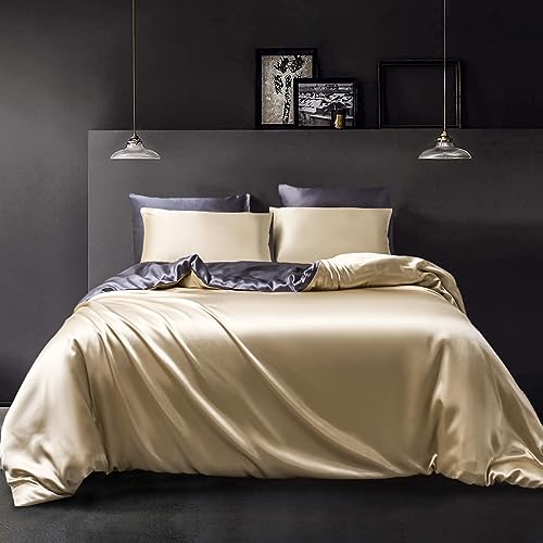 YASMENG Satin Bettwäsche 200x200 Beige Dunkelgrau Wendebettwäsche Einfarbig Luxus Glatt Glänzend Seidig Seide 3teiling Mit Reißverschluss Und 2 Kissenbezüge 80×80 cm