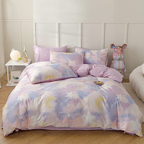 Yaofeiou Kinder Bettwäsche 100x135 Lila Bettwäsche Baumwolle Sternenmond Bettbezug Mädchen Sternenmond Muster Bettwaesche Einzelbett mit Reißverschluss und 1 Kissenbezug 40x60