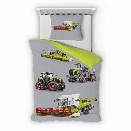 Träumschön Premium Jungen Bettwäsche 135x200 + 80x80 cm - CLAAS Terra Trac Traktor Motiv - Sommer Bettwäsche aus Baumwolle – Weich