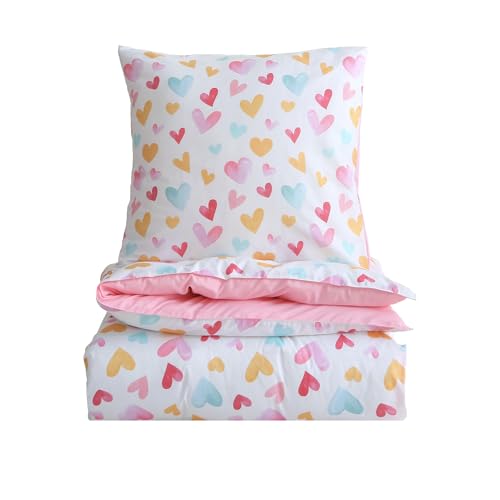 Fekohipy Bettwäsche 135x200 Mädchen Rosa Kinderbettwäsche Herzen Bunt 3D-Druck Mikrofaser Kinder Bettbezug mit Reißverschluss und 1 Kissenbezug mit Umschlag 80x80cm 2-teiliges Kinderbettwäsche-Set