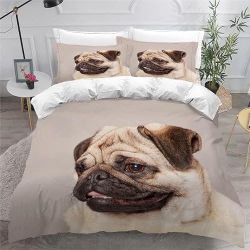 Bettwäsche 135x200 Mops 3D Druck Bettbezug 135 x 200 Haustierhund Bettwäsche-Sets Weiche Mikrofaser Bettwäsche Set 3 Teilig Bettbezüge für Einzelbett mit 2 Kissenbezüge I-1843