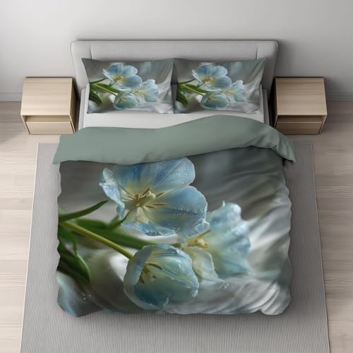 Modern Blumenmuster Tulpen Seide 3 - teilig Wende bettwäsche Premium Qualitãt Cremefarben Aus Mikrofase - Deckenbezug(155 x 220) Mit Reißverschluss - Kuschelig Weich & Bügelfrei