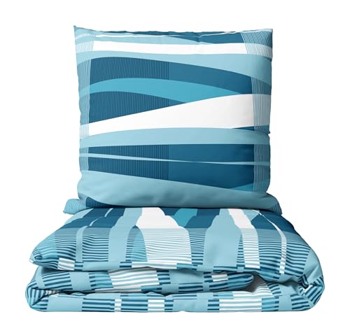 Leonado Vicenti Bettwäsche Winter Biber Set kuschelig warm gestreift 135x200 cm 80x80 cm Blau Türkis Reißverschluss 2 teilig