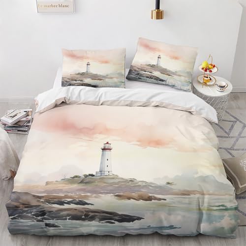 NUEYSP Bettwäsche 135x200 Leuchtturm Bettwäsche Sets 3D Motiv, Mikrofaser, 1 Bettbezug 135x200 + 1 Kissen 80x80 Verdecktem ReißVerschluss für Mädchen Jungen.