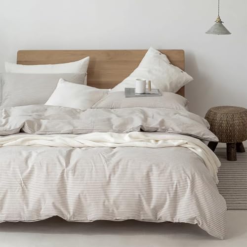 AShanlan Bettwäsche 200x220 Baumwolle Beige Gestreift Bettbezug mit 2 Kissenbezug 80x80 Gewaschene Leinenoptik Bettwäsche Set mit Reißverschluss