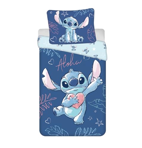 Jerry Fabrics Bettwäsche Stitch Aloha, 100 % Baumwolle, Bettbezug 140 x 200 cm + Kissenbezug, Blau