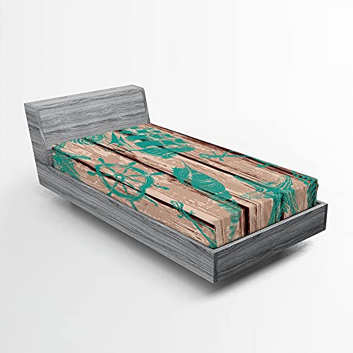 ABAKUHAUS Nautisch Spannbetttuch, Shell Helm und Schiff, Soft Dekorativer Stoff Bettwäsche Rund-um Elastischer Gummizug, 90 cm x 200 cm, Türkis und Braun