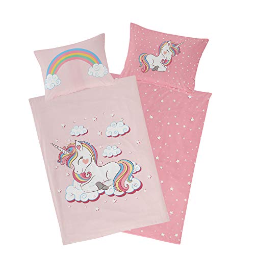 Aminata kids Bettwäsche Einhorn 100x135, 40x60 cm Mädchen Baumwolle rosa mit YKK Reißverschluss   Wende Kinderbettwäsche   Wende Kinder Bettwäsche  Set   Regenbogen, Rose   Einhorn Motiv, Pferde