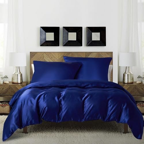 Luowei Satin Bettwäsche 155x220cm Blau Seidig elegant Bettwäsche Set Seide Lüster Weich Kühlung Anti-Falten Bettbezug für empfindliche Haut Mit Reißverschluss Und 2 Kissenbezug 80x80cm
