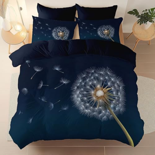 Bettbezug 230 x 220 cm 3 Teilig Mikrofaser, Bettwäsche-Sets mit 2 Kissenbezug Pusteblumen Streusamen Natur Bettwäsche für Kinder Jungen Jugendliche Anthrazitgrau
