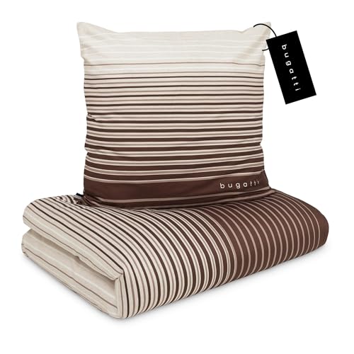 bugatti Bettwäsche 135x200 cm - 100% Baumwolle, Reißverschluss, anschmiegsam, weich & waschbar, Satinbettwäsche braun gestreift