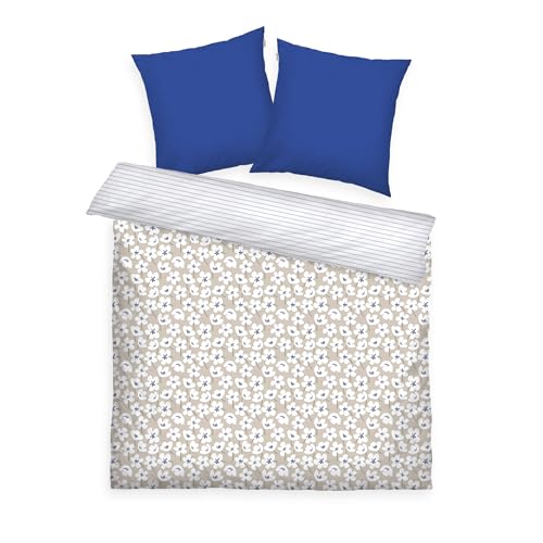 TOM TAILOR Renforcé-Bettwäsche, 2*80x80 + 200x220 cm, 100% Baumwolle/Renforcé, mit Wendemotiv und farbigem Reißverschluss, FRESH FLOWERS Blau, Beige (Cobalt & Sunny Sand)