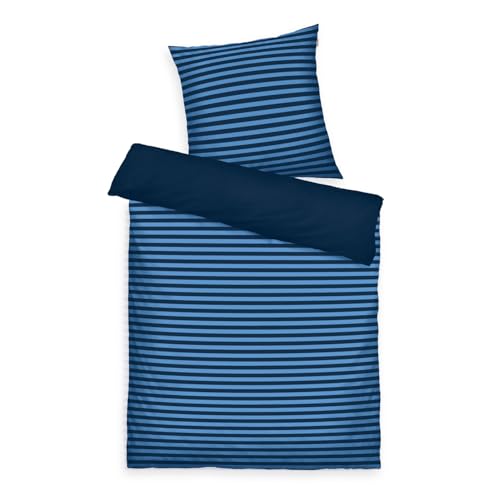 TOM TAILOR Renforcé-Bettwäsche, 80x80 cm + 155x220 cm, 100% Baumwolle/ Renforcé, mit Wendemotiv und farbigem Markenreißverschluss, MEDIUM STRIPES Blau (Dark Navy & Cool Blue)