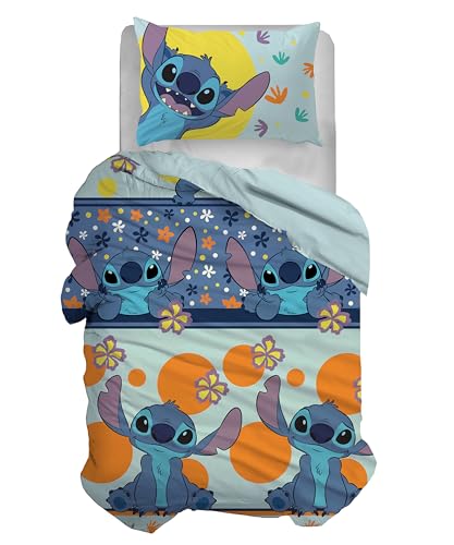 Disney Bettwäsche-Set für Einzelbett, Bettbezug + Kissenbezug, Bettbezug mit Kissenbezug, Bettbezug 155 x 200 cm, 100% Baumwolle, Stitch (kein Spannbettlaken)