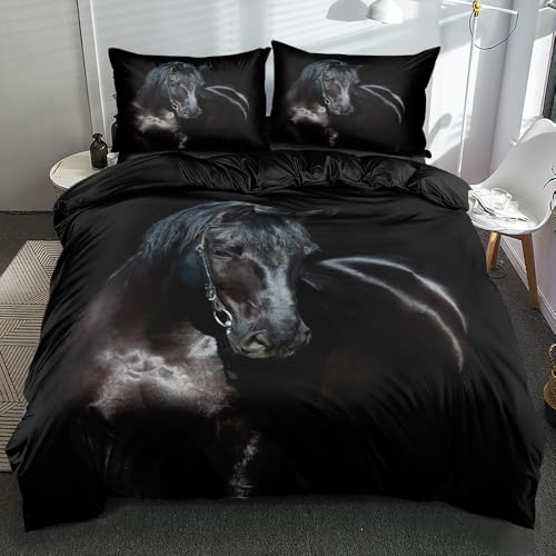 Luowei 3D Bettwäsche 155x220cm Schwarz Pferd Bettwäsche Set 3D Muster Weich Mikrofaser Bettbezug mit Reißverschluss und Kissenbezug 80x80cm