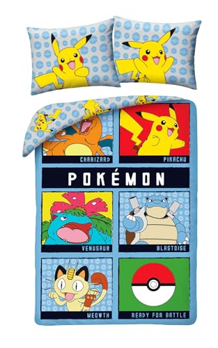 Bettwäsche-Set Pokemon, bereit für die Schlacht, Bettbezug 140 x 200 cm + Kissenbezug 70 x 90 cm, wendbar, 100 % Baumwolle, mehrfarbig