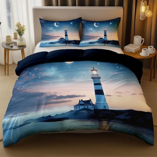 NDXRWDZR Bettwäsche 135x200 Blauer Leuchtturm Bettwäsche-Set mit Reißverschluss Schließung für Kinder Weicher Atmungsaktive Mikrofaser Bettbezug + 2 Kopfkissenbezug 80x80 cm