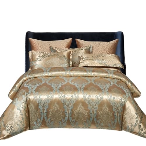 NJIEzhao 3-4-teiliges Bettwäscheset aus Satin-Jacquard, Bettbezug-Set, 150 x 200 cm, Bettbezug 1, Laken, Kissenbezug 1/2, zufälliger Musterschnitt Seidenbettwäsche Set(Gold,150x200cm4PCS)