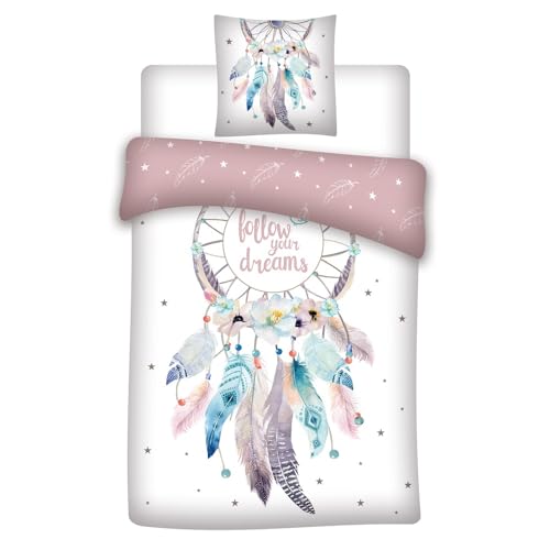 Familando Traumfänger Bettwäsche Set 2-TLG. Bettbezug 135x200 für Teenager 100% Baumwolle Flanell Bettwäsche mit Blumen und Federn (Alt-Rosa)