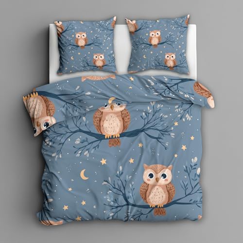 Generisch Bettwäsche 135x200 Eule Kinder, Vögel Cartoon Bettbezug 135x200 2 Teilig, Weich Mikrofaser Bettwäsche Set mit Reißverschluss und 1 Kissenbezüge 80x80cm, Schlafzimmer Deko Eule - Ry93