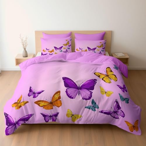 Bettwäsche 155x220 Schmetterlingsmuster 3D Druck Bettbezug Kuschelig Weich Mikrofaser Bettwäsche Set 3 Teilig Bettwäsche-Sets Flieder Bettbezüge mit Reißverschluss und 2 Kissenbezüge 80x80 cm A/1060
