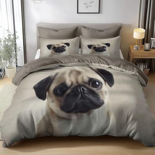 TACOKI Bettwäsche 135x200 Mops, 3D Muster Hund Bettwäsche Set Weich Kuschelig Mikrofaser Bettbezug mit Reißverschluss Bettbezüge + 2 Kissenbezug 80x80 cm q2347