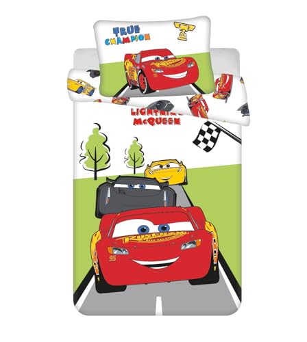 Disney Cars  Champion  Baby-Bettwäsche-Set | 100 × 135 cm Bettbezug + 40 × 60 cm Kissenbezug – 100% Baumwolle | Offizielle Disney-Lizenz Lightning McQueen | Kinderbett