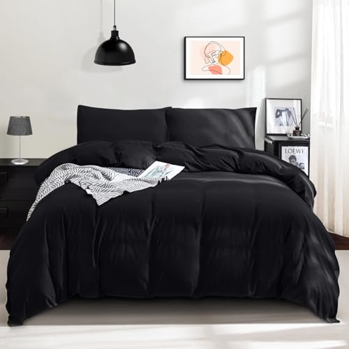 ohano Bettwäsche 135x200 2 Teilig Bettbezug Bettwäsche-Sets-Mikrofas er Bettbezug 135x200 cm + 1 Kissenbezug 80x80 cm mit Reißverschlus,kuschelig weich,Ganzjahres Bettwäsche-Sets-Schwarz