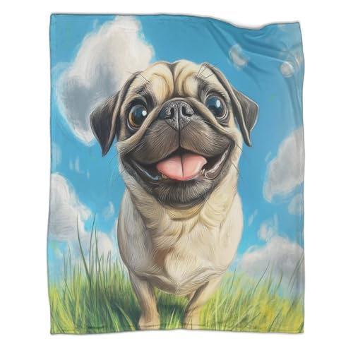 kaiyun Cartoon Mops Überwürfe,Blauer Himmel und Gras Weiche Und Leichte Ganzjahresdecke,Picknick, Reise,Heimdekoration,Bett wäsche Für Teenager Und Erwachsene 60x80inch(150x200cm)