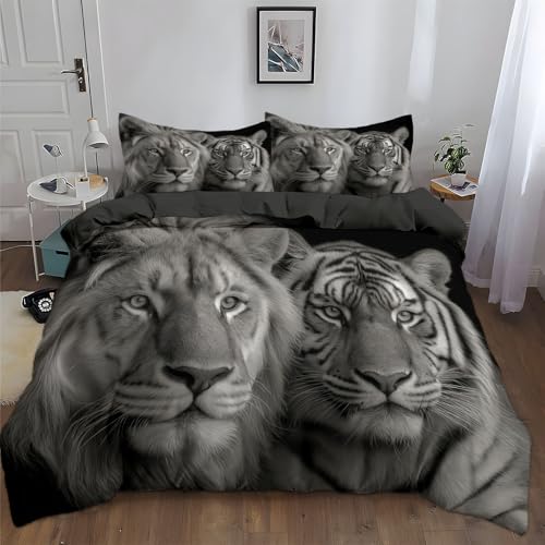 Bettwäsche 240 x 220 cm, Bettwäsche-Set, Surrealismus Tiere Tiger Bettbezug 1teilig Mit Kopfkissenbezug Für Jungen Mädchen Schlafzimmer Atmungsaktiv Mikrofaser Baumwolle Deckenbezug Dunkelgrau
