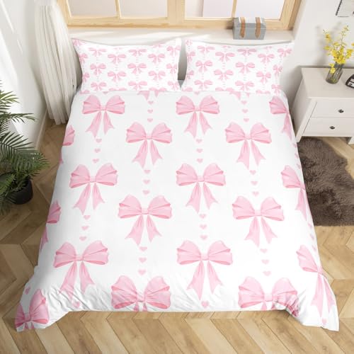 Rosa Bowknot Bettwäsche Set.Mädchen Nette Girly Bow Bettbezug 135x200,Cartoon Liebe Herz Tröster Bezug für Kinder Teens Frauen,Verträumte Prinzessin Schlafzimmer Dekor,mit 1 Kissenbezug Bett Set