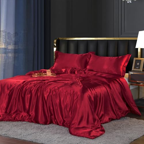 DXHOME Rote Bettwäsche 200x200 Seide Satin Glänzend Rot Weinrot Einfarbig Satin-bettwäsche Glatt Luxus Bettwäsche Set Glanzsatin Microfaser mit Reissverschluss und Kissenbezüge 80x80 cm