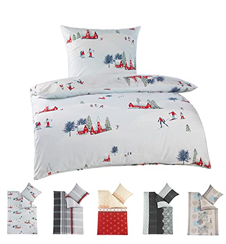 BaSaTex Feinbiber Winter Bettwäsche warme und kuschelige Bettgarnitur und Kissenbezug 135x200 + 80x80 cm | 100% Baumwolle | Alpin - Winterlandschaft - Weiß Rot Grün