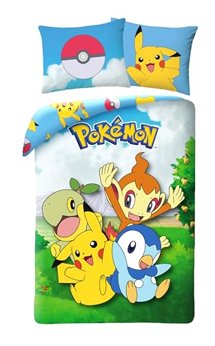 Halantex Wende-Bettwäsche, Pokemon, 100 % Baumwolle, Bettbezug 140 x 200 cm + Kissenbezug, mit Tiplouf, Pikachu, Ouisticram und Tortipouss
