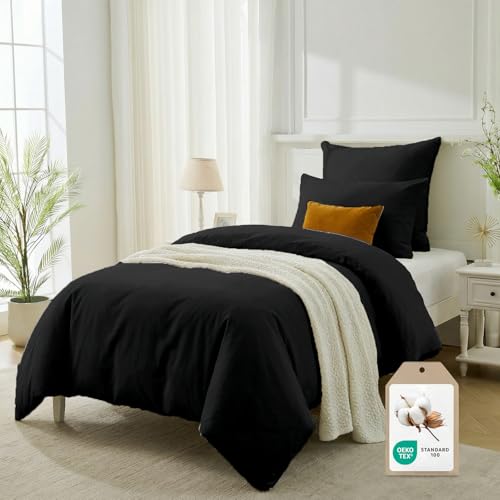 CELESTA Bettwäsche Set 2-TLG. 135x200cm Schwarz - 100% Baumwolle 1 Bettbezüge 135x200 cm + 1 Kissenbezug 80x80 cm, ÖKO-TEX Bettwäsche-Sets mit Reißverschluss, Kuschelig Weich & Atmungsaktiv