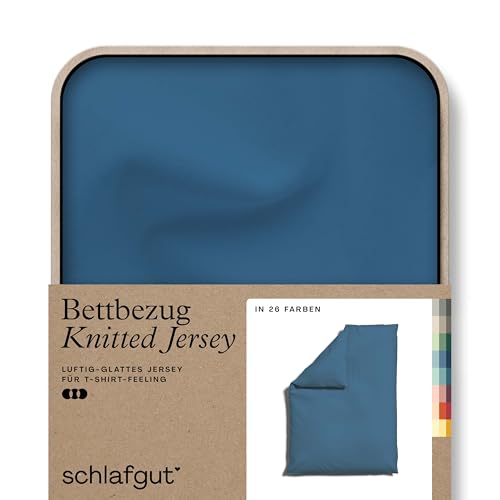 schlafgut Knitted Jersey Bettwäsche 135x200cm Bettdecke Bezug einzeln, Multicolor Uni, weich und faltenfrei mit Elasthan (Blue Mid, 155x220)