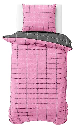 Leonado Vicenti Baumwolle Bettwäsche-Set 155x200 Komfortgrösse Rosa Anthrazit Karo Design Wendebettwäsche 80x80 Kissenbezug mit Reissverschluss