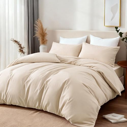 Boqingzhu Bettwäsche 135x200 cm Baumwolle Jersey Natur Hell Beige Einfarbig Weich Atmungsaktiv Bettwäsche Set Einzelbett Baumwoll Bettbezug 135 x 200 und Kissenbezug mit Reißverschluss