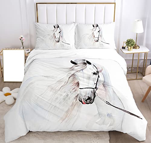 Bettwäsche-Set für Pferde 3D-Druck, Kinder Bettwäsche Set Tier Pferde Motiv Mikrofaser Bettbezug Set mit Reißverschluss und Kissenbezug 50x75cm,für Kinder, Jungen, Jugendlich. (Weiß, 135x200cm)