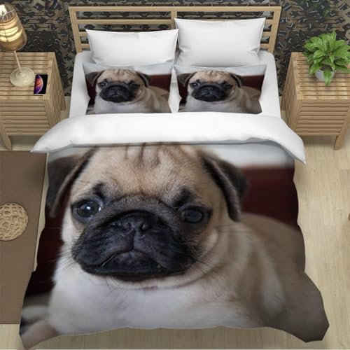 Bettwäsche 140x200 Mops 3D Druck Bettbezug 140x200 Haustierhund Bettwäsche-Sets Weiche Mikrofaser Bettwäsche Set 3 Teilig Bettbezüge für Einzelbett mit 2 Kissenbezüge G-3468