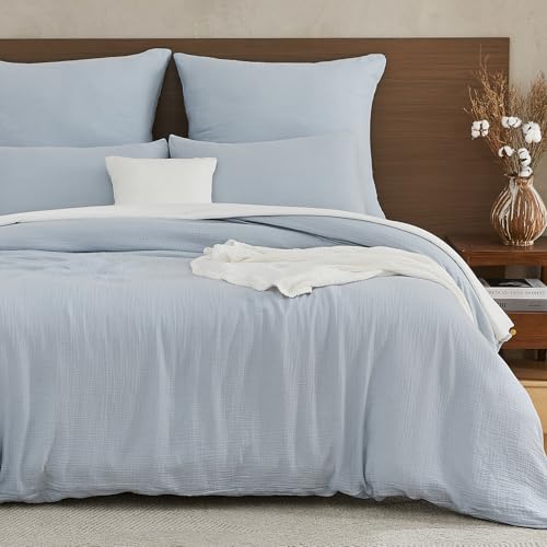EMME Musselin Bettwäsche 100% Baumwolle, 200x200 Doppelte Sommer Bedding Bettwäsche-Sets mit Reißverschluss, 1er Set Bettbezug mit 2 Kissenbezüge 80x80 cm, Musselin Tagesdecke, ÖKO-TEX, Hellblau