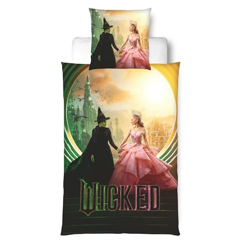 MTOnlinehandel Bettwäsche Wicked 135x200 - Elphaba & Glinda Geschenkidee, 1x Kissenbezug 80x80 + Bettbezug 135x200, mit Reißverschluss - Schmetterling - Emerald City