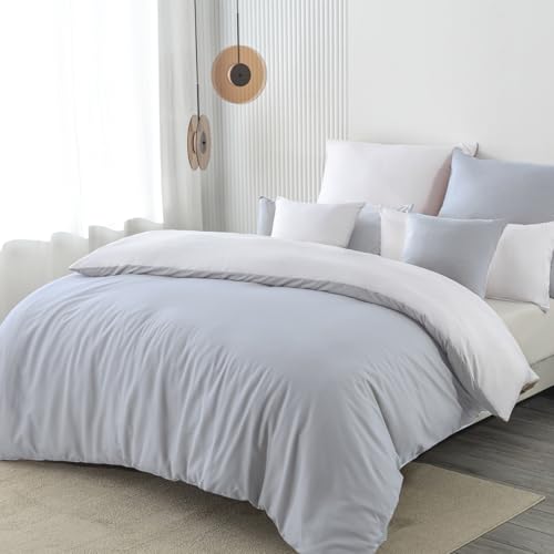 Nesture Bettwäsche 155x220 2teilig Grau/Weiß Bettwäsche Sets Microfaser Wendebettwäsche 155 x 220, weich & bügelfrei 1 Bettbezug + 1 Kissenbezug 80x80cm mit Reißverschluss