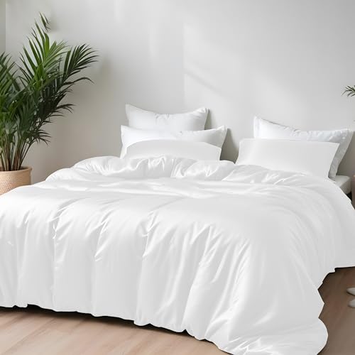LINENWALAS Bettbezug-Set für Einzelbett, 100 % Bio-Bambus, Seide, Bettbezug-Sets für Einzelbett, 140 x 200 cm, Reißverschluss und Eckbänder, weich, kühlendes Bettwäsche-Set (Einzelbett, Weiß)