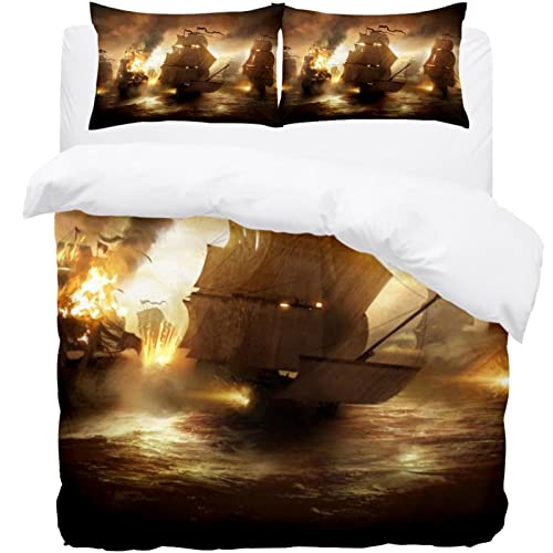 Bettwäsche-Set, Motiv: Piratenschiff, coole Feuerwehr, Queen-Size-Bettwäsche, weiche Mikrofaser, Bettbezug mit Kissenbezügen, Bettwäscheset