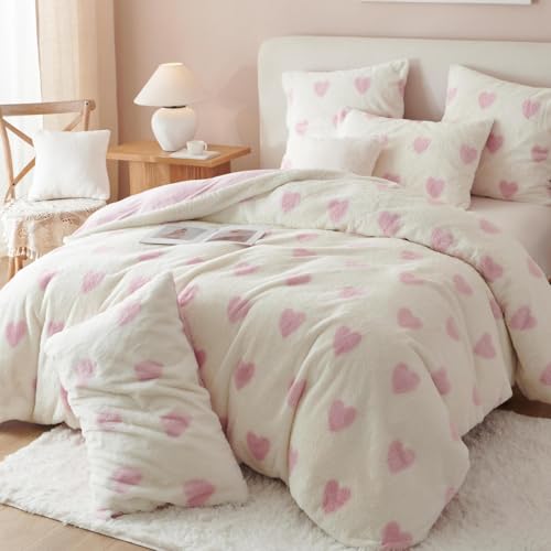 Tospass Plüsch Bettwäsche Set 135x200cm Rosa Weiß Herz Liebe Kunstfell Warme Winterbettwäsche Flanell Samt Biber Flauschig Deckenbezug Fleece Bettbezug mit Reißverschluss und 1 Kissenbezug 80x80cm Tospass Plüsch Bettwäsche Set 135x200cm Rosa Weiß Herz Liebe Kunstfell Warme Winterbettwäsche Flanell Samt Biber Flauschig Deckenbezug Fleece Bettbezug mit Reißverschluss und 1 Kissenbezug 80x80cm