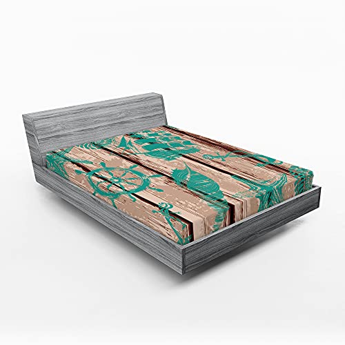 ABAKUHAUS Nautisch Spannbetttuch, Shell Helm und Schiff, Soft Dekorativer Stoff Bettwäsche Rund-um Elastischer Gummizug, 160 cm x 200 cm, Türkis und Braun