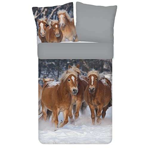 ESPiCO Bettwäsche Trendy Bedding Pferde Haflinger Schnee Winter Fell Stute Wendeoptik Flanell, Größe:135 cm x 200 cm