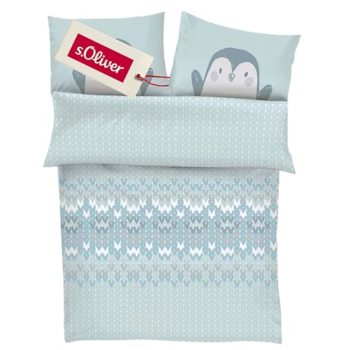 s.Oliver Kinderbettwäsche Pinguin 100x135 cm - 100% Baumwolle, praktischer Reißverschluss & maschinenwaschbar, Bettwäsche für Kinder 2tlg. hellblau