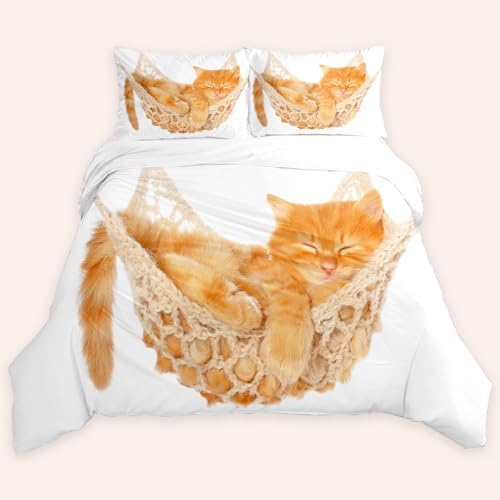 AOXHFNV Tiere Katze Bettwäsche 3D Katzenmotiv 3 teilig Bettwäsche Set Passend für Kinder Bettwäsche Set 135×200cm mit 2 Kissenbezügen (200×200cm, bräunlich gelb)